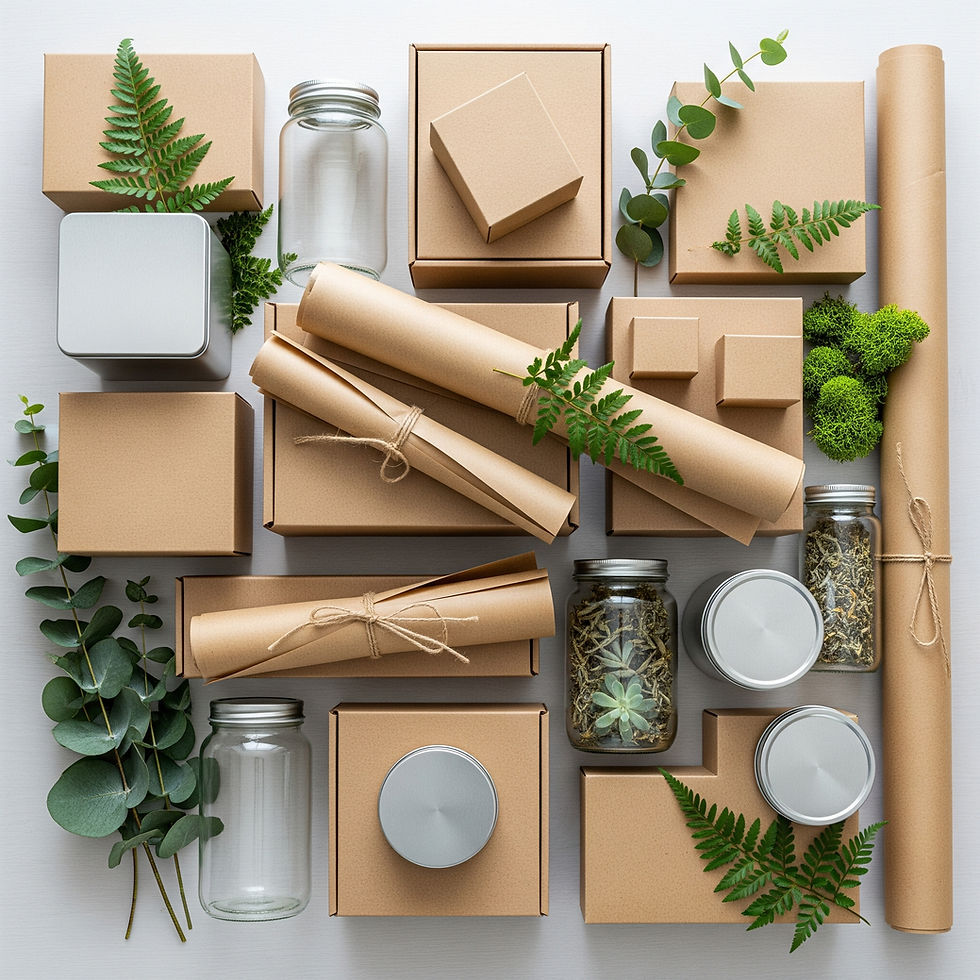Brown gift boxes, glass jars, and green leaves arranged neatly on a light surface create an eco-friendly, minimalist vibe_ Sustainable Packaging Design Tips for Brands Going Eco-Friendly