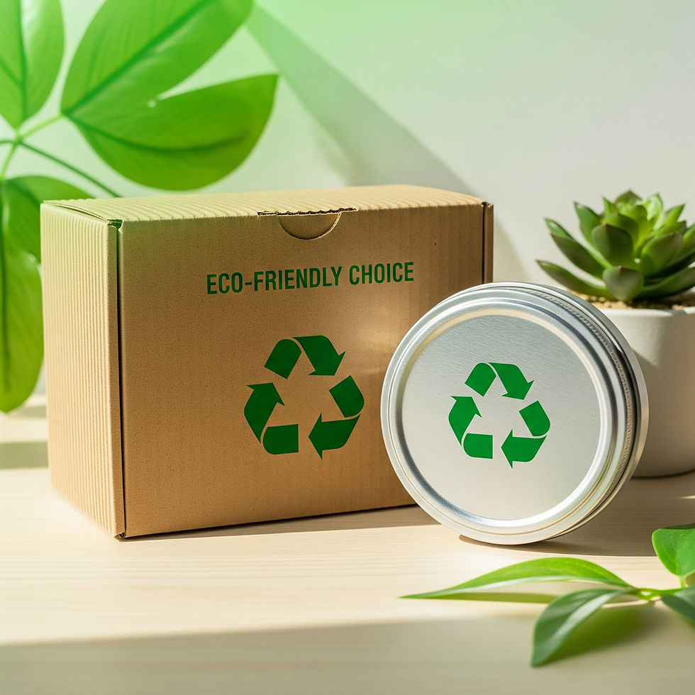 Eco-friendly box and tin with green recycling symbols, surrounded by green leaves and a succulent, under natural light.