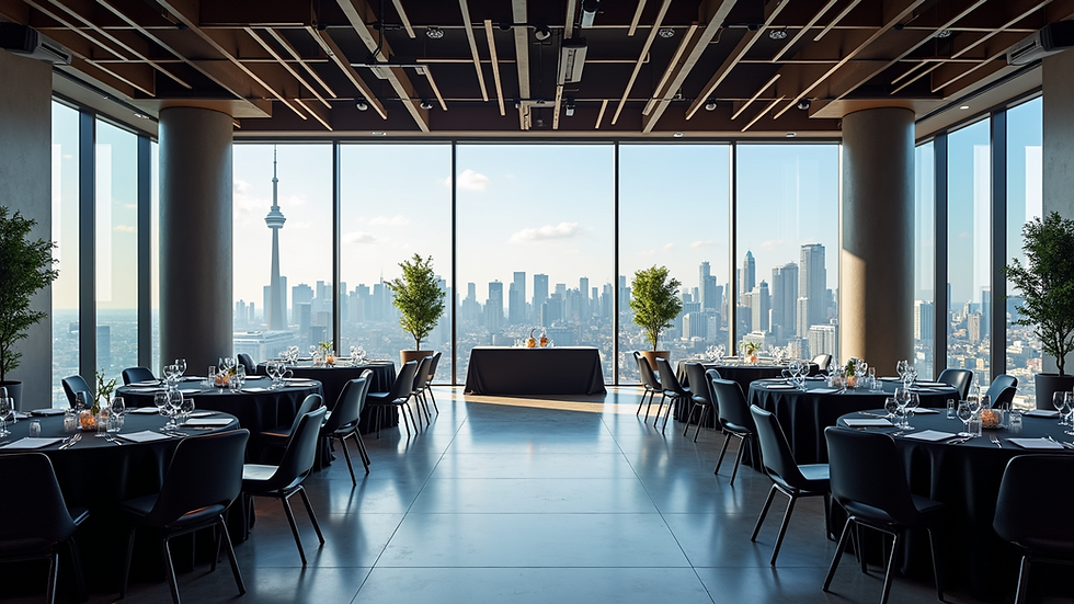 Wide angle view of a corporate event setup with Toronto skyline visible through large windows