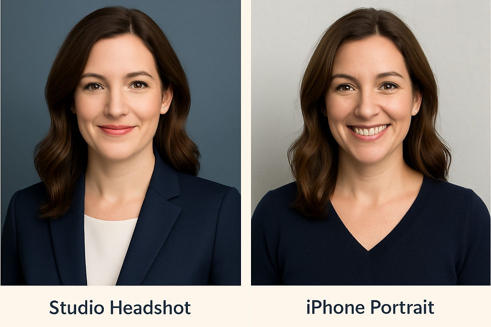 split images showcasing the difference between a (left)professional headshot and (right)an image captured on phone
