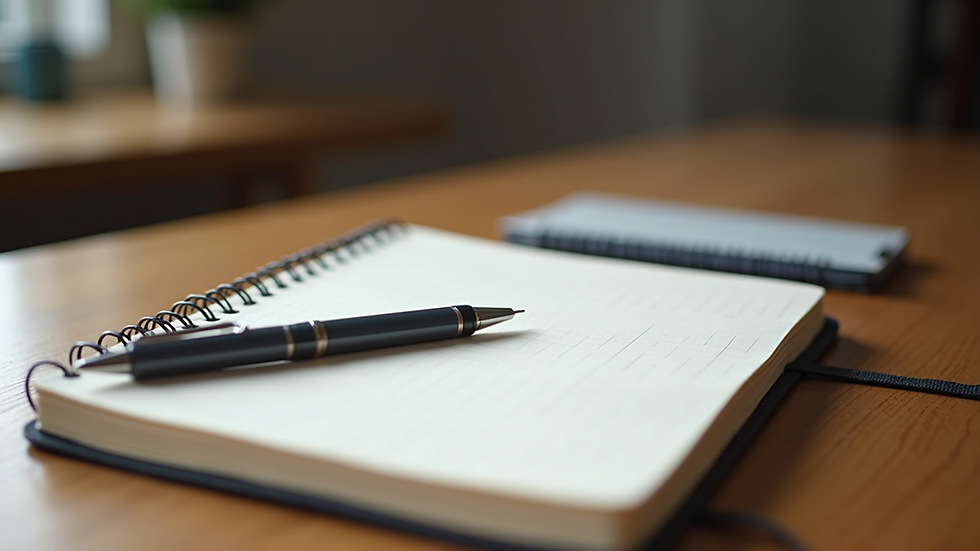 Eye-level view of a journal and pen on a wooden table