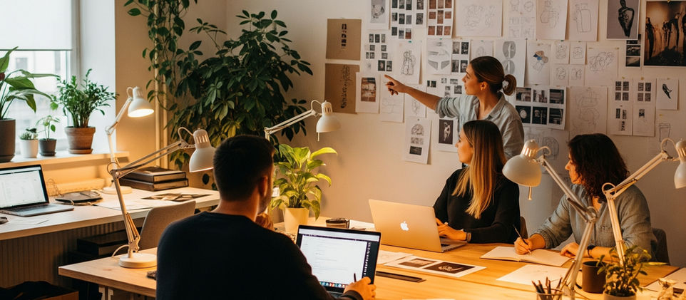 Four people in a well-lit office, discussing images on a wall. Laptops and plants on wooden tables. Collaborative and creative atmosphere.