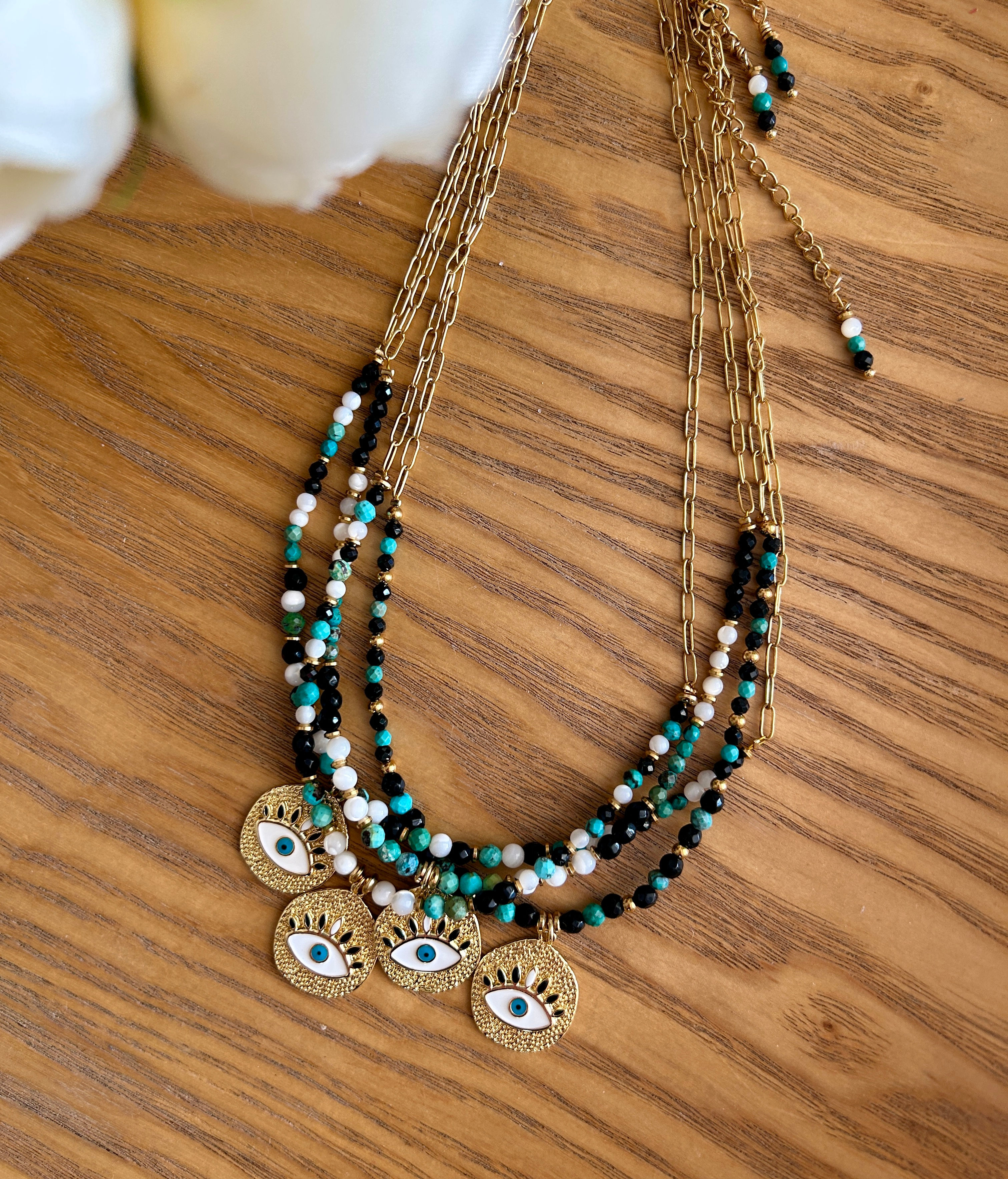 Collier doré femme fait main mi chaine/mi perles pendentif oeil