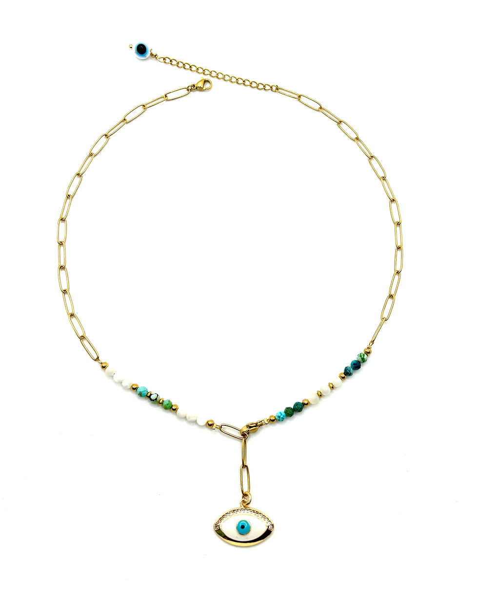 Miniature : Collier doré femme fait main mi chaine/mi perles pendentif oeil