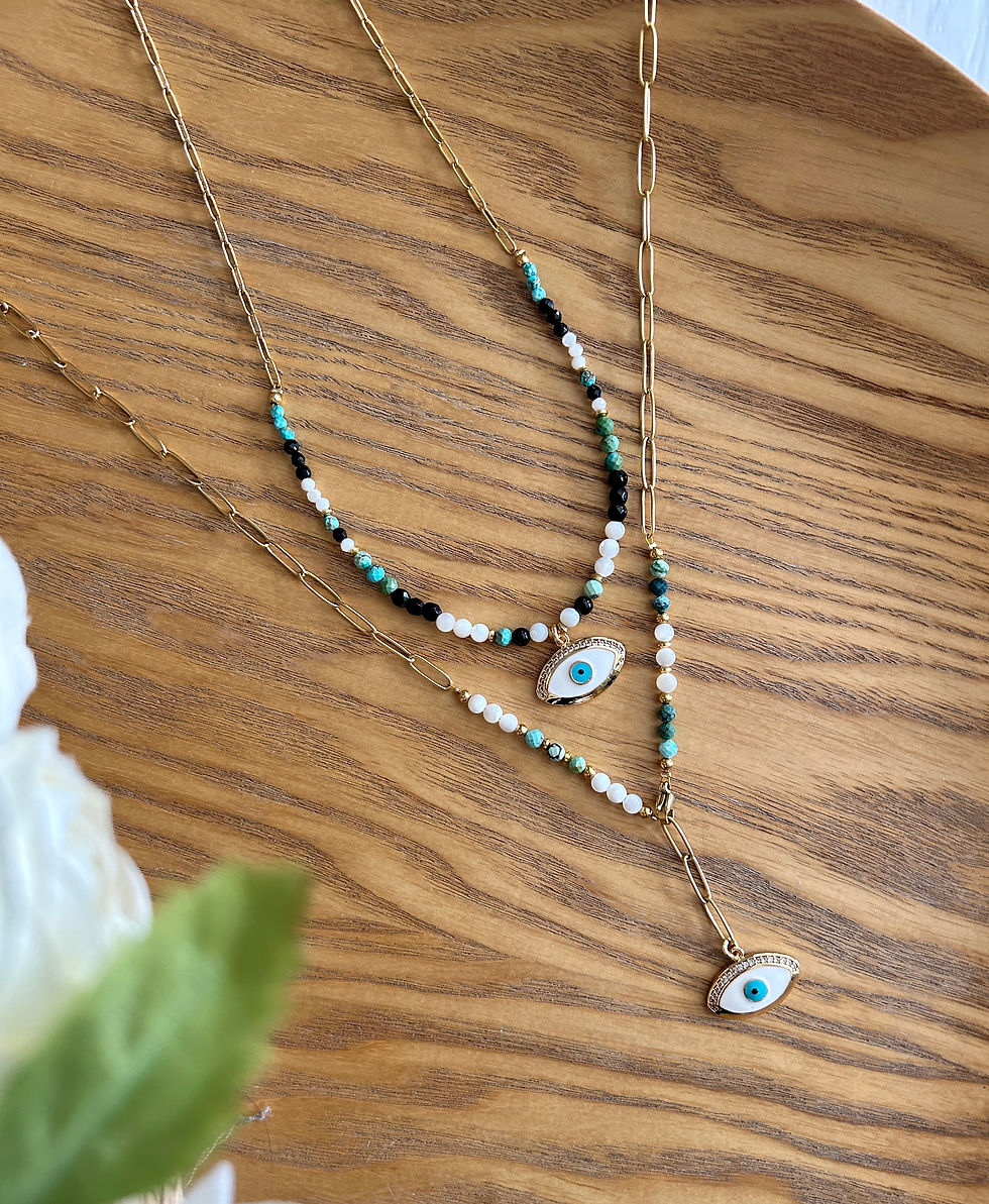 Miniature : Collier doré femme fait main mi chaine/mi perles pendentif oeil