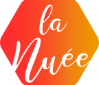 Logo de la coopérative La Nuée. L'inscripion La Nuée est écrite au centre d'un haxagone orangé représentant une alvéole dans une ruche.