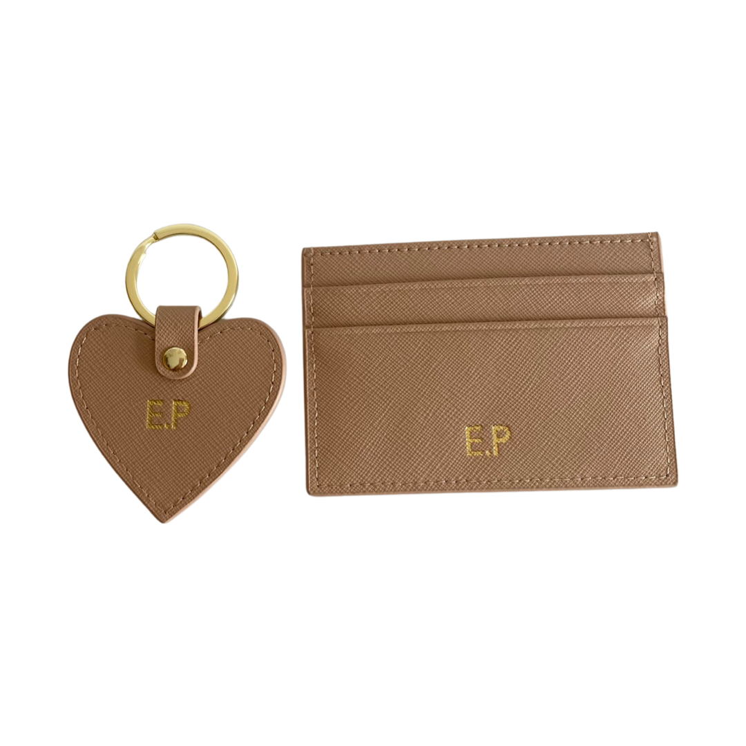 Personalised Saffiano Leather Heart Keyring & Card Holder Set
