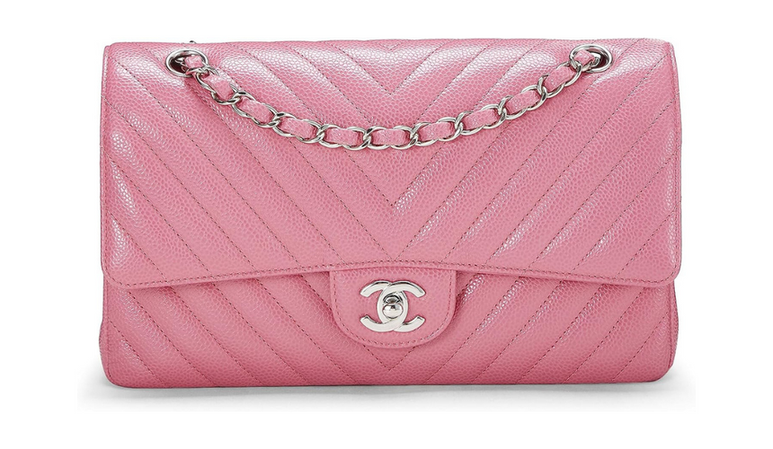 CHANEL: Pink Chevron Caviar Classic Double Flap Medium, Pink