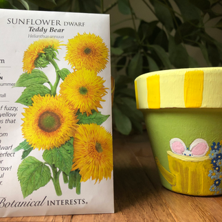 A bag of sunflower seeds next to a pained pot of a mouse.