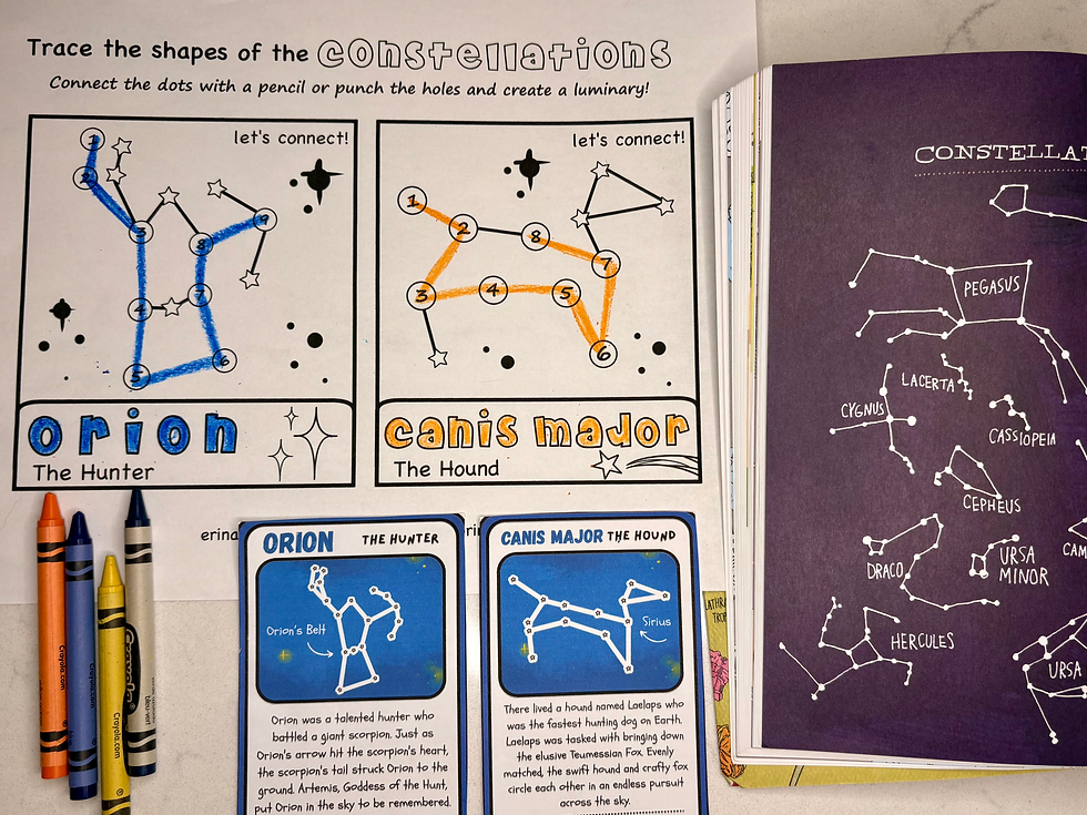 Connect-the-dots constellation activity next to a constellation book