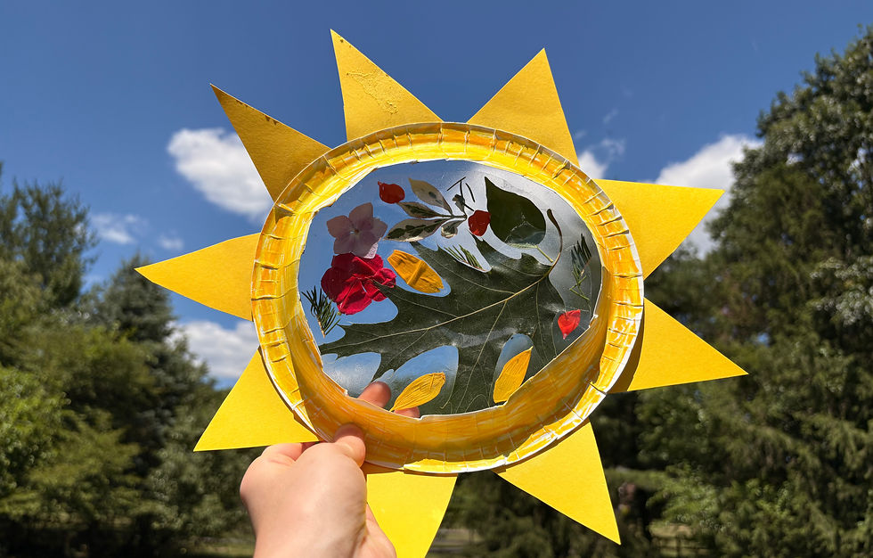 A bright yellow suncatcher craft with leaves and flowers pressed inside. A hand is holding it against blue sky and trees on a sunny day