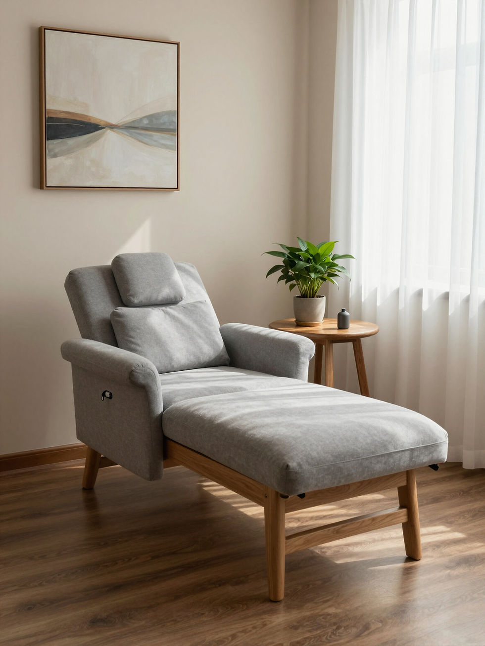 a calm office with a lounge chair in a softly sun-lit room