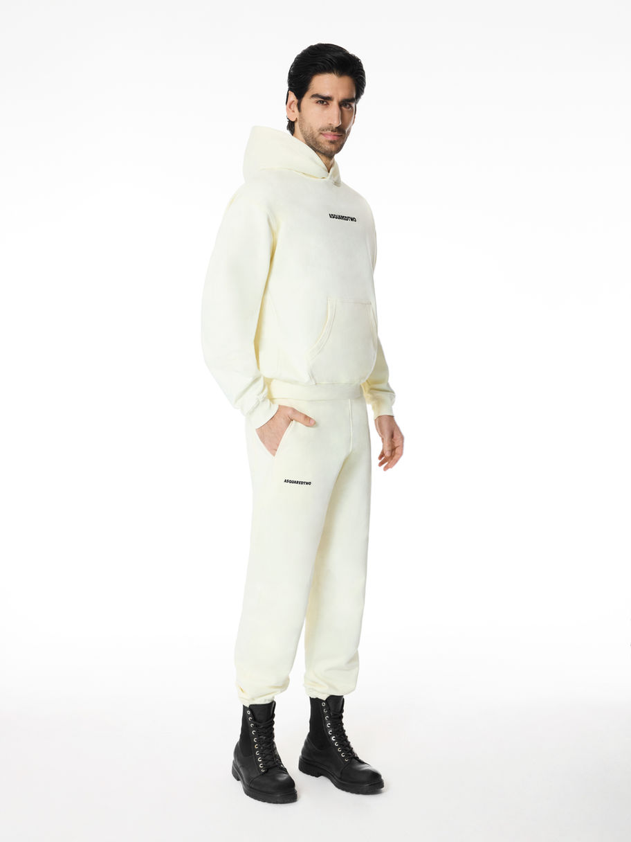 White Ivory Hoodie Sweater and Sweatpants/Joggers Full Body 3/4 View Black ASQUAREDTWO Logo Embroidered at Centre of Chest