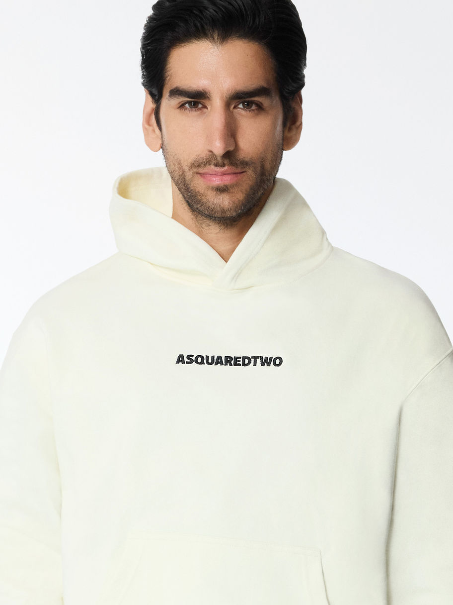 White Ivory Hoodie Sweater Half-Body Front View with Black ASQUAREDTWO Logo Embroidered at Centre of Chest