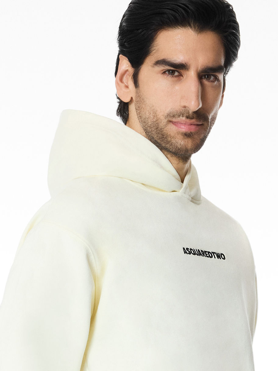 Ivory White Oversized/Relaxed Fit Hoodie Sweater with Black ASQUAREDTWO Logo at centre of chest