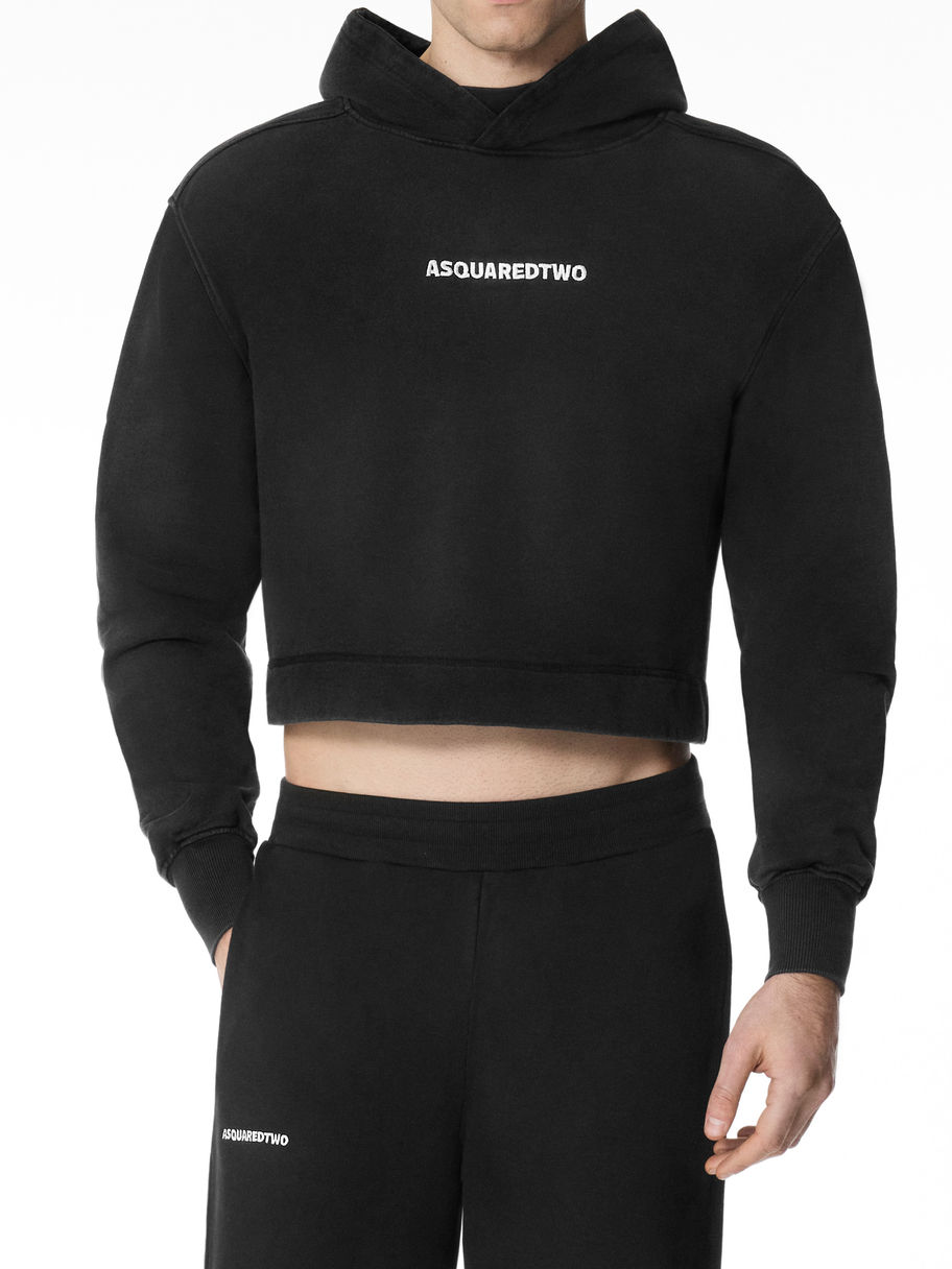 shot of vintage black long cropped hoodie Asquaredtwo, waist details and stitching for snug waist, tailored fit for everyday.
