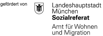 Das Logo der Landeshauptstadt Müchen. Es zeigt das Münchner Kindl als Wappen. Darunter steht noch das fördernde Referat: Sozialreferat, Amt für Wohnen und Migration.