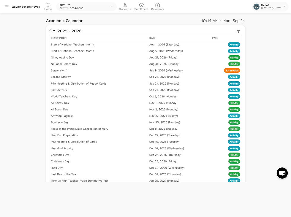 Guardian view of academic calendar on Edusuite