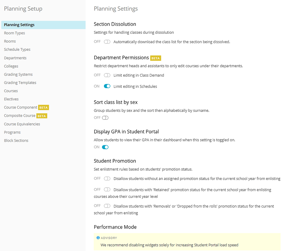 Planning Setup settings page with left menu and toggles for Section Dissolution, Department Permissions, GPA display, and Student Promotion.