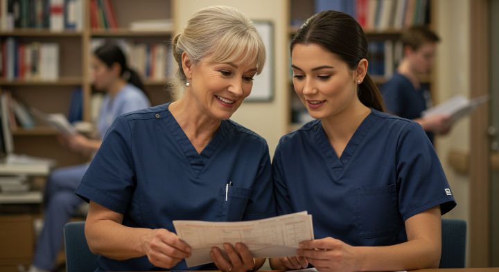 Two nurses in blue scrubs are smiling and reviewing documents in a library. Bookshelves in the background; a calm, focused atmosphere.