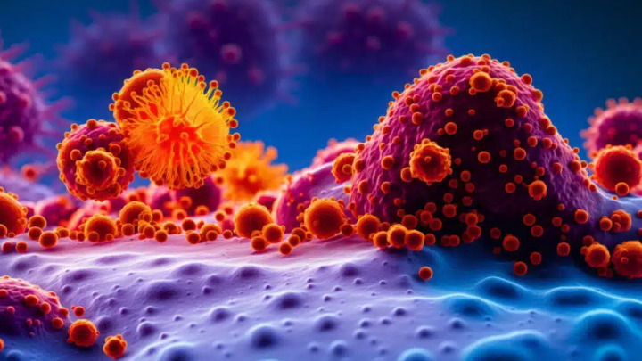 A microscopic, vibrant view shows clusters of red and orange particles, likely viral, resting on a purple and blue cellular surface, suggesting an infection or biological process.