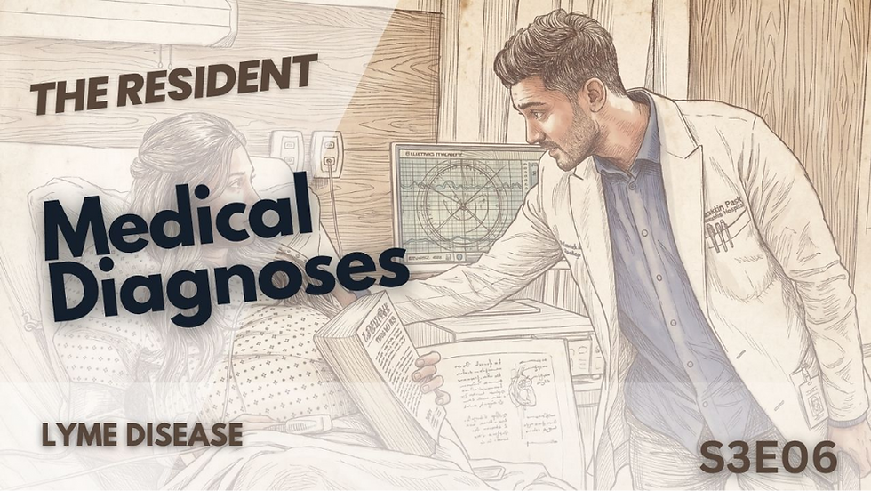 Esta miniatura de The Resident muestra un boceto de un doctor con bata blanca enseñando un libro médico a una paciente embarazada. Detalla el diagnóstico de la enfermedad de Lyme para el sexto episodio de la tercera temporada.