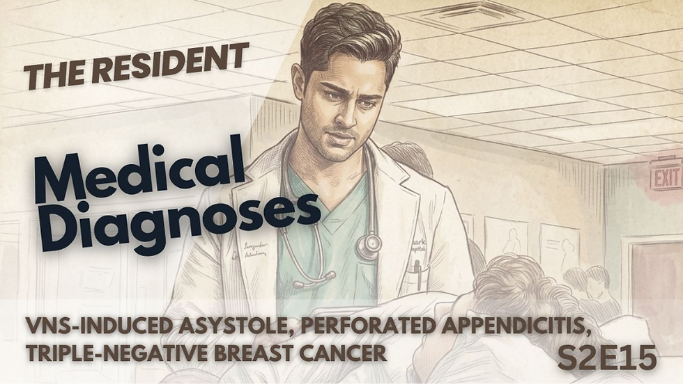 This artistic thumbnail for The Resident features a detailed sketch of Devon Pravesh looking down at a patient. The text below lists "VNS-Induced Asystole," "Perforated Appendicitis," and "Triple-Negative Breast Cancer" for Season two, Episode fifteen.