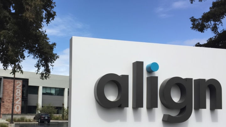 Una foto del cartel de la sede de Align Technology. El cartel blanco, con el logotipo gris oscuro y un punto azul claro, se encuentra en primer plano, con el moderno edificio de oficinas detrás.