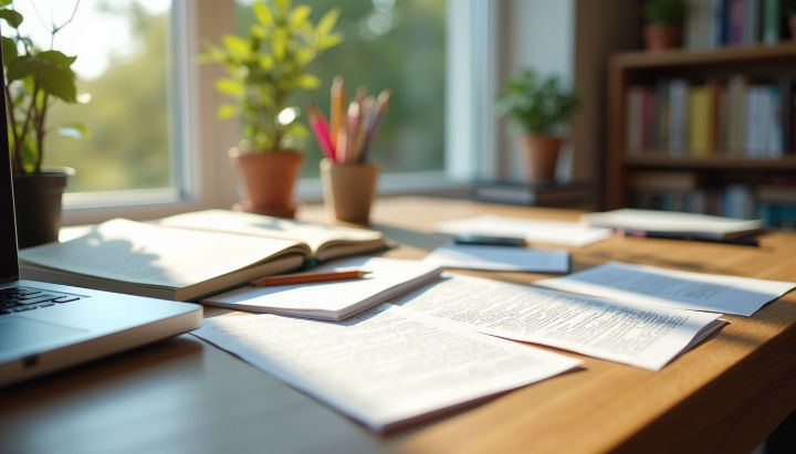 Sunlit desk with open book, papers, and a laptop. Potted plants and colorful pencils in the background suggest a cozy, productive space.