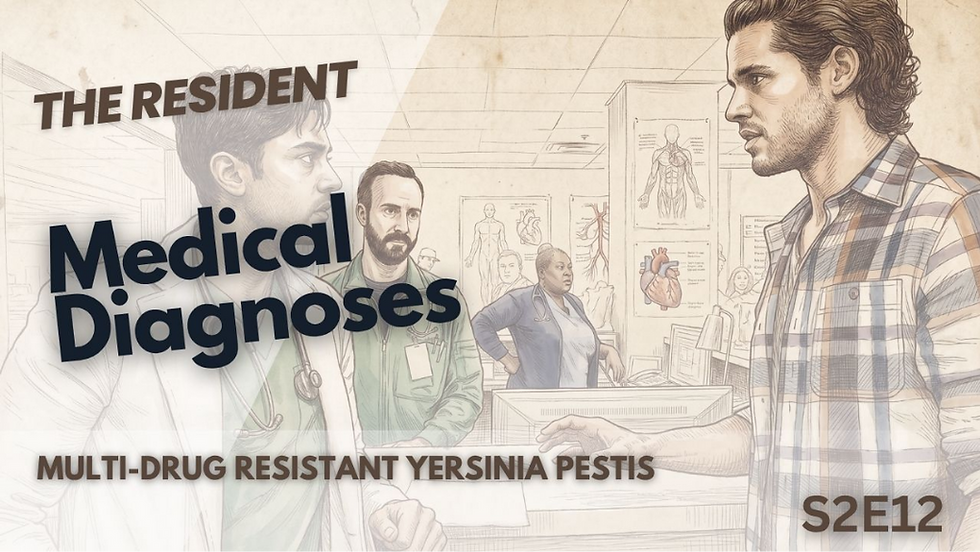 This artistic thumbnail for The Resident features a detailed sketch of two doctors performing surgery. The text below lists "Cystic Fibrosis" and "Liver Transplant" as the diagnoses for Season two, Episode twelve.