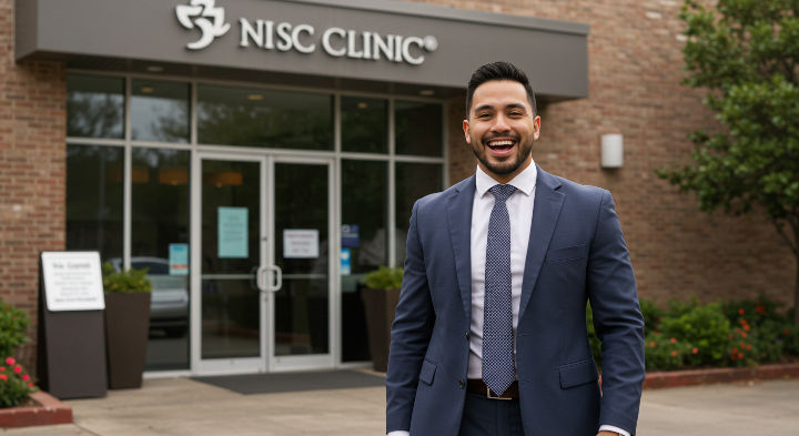 Smiling nurse practitioner in a blue suit stands outside a Clinic. Brick building with glass doors and signs in background, conveying a professional mood.