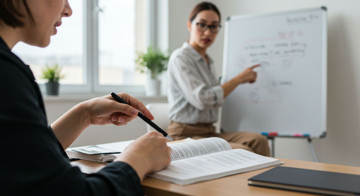 Two women in an office or classroom. One, in the foreground, is studying from a book. The other, in the background, is pointing to a whiteboard.