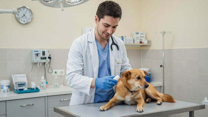 Esta imagen muestra a un veterinario, vestido con bata blanca y uniforme azul, tratando a un perro de color marrón claro sobre una camilla de examen metálica dentro de una clínica veterinaria.