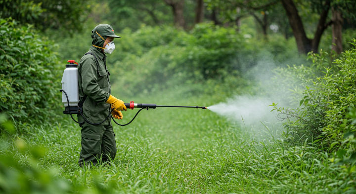 Una persona con un traje protector, mascarilla y guantes rocía una niebla con un rociador de mochila sobre una densa vegetación. La persona trabaja en un entorno exterior verde y frondoso.