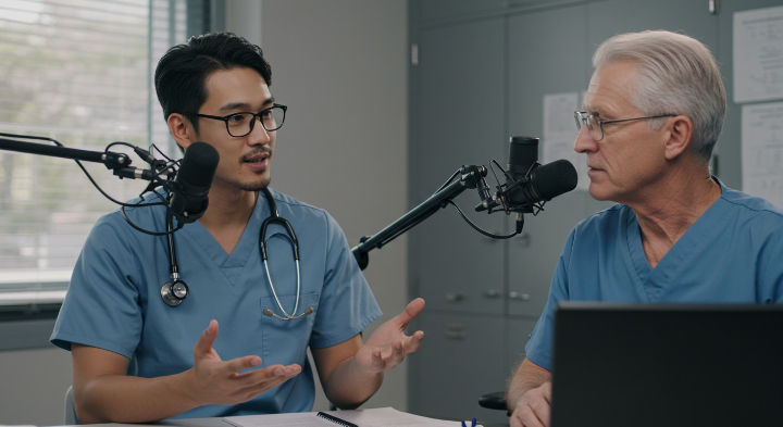 Dos médicos, uno más joven y otro mayor, con estetoscopios y uniformes azules, graban un pódcast médico. Hablan frente a micrófonos en un estudio.