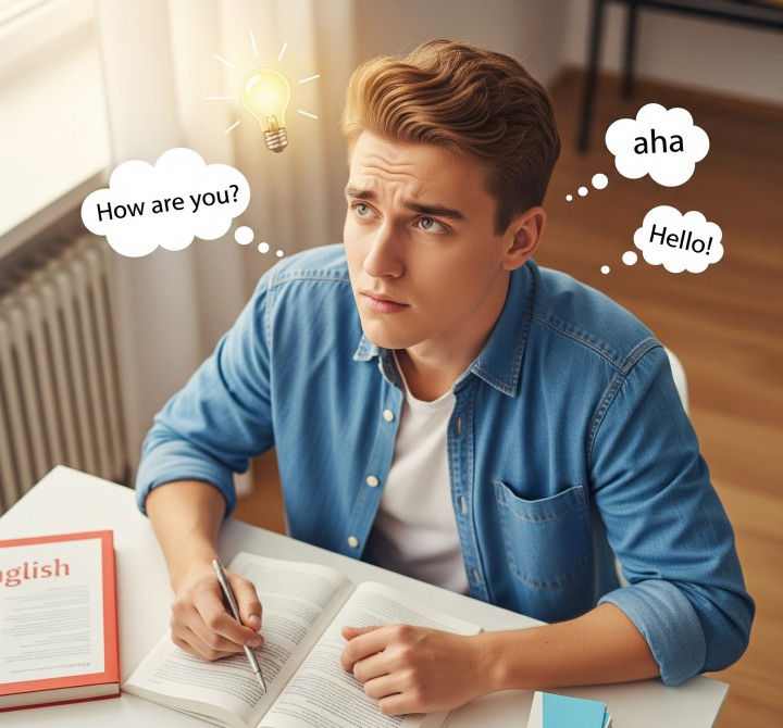A young blonde man thoughtfully gazes at an English book. Thought bubbles with English words and a bright lightbulb float above his head, illustrating active recall for language learning.