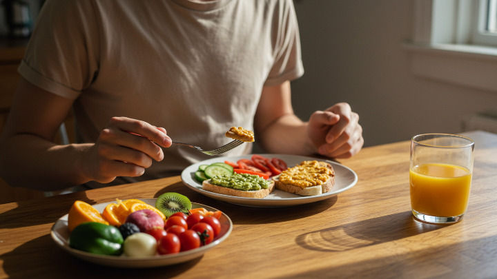 Una persona está comiendo una comida saludable de tostadas con aderezos, un plato de acompañamiento con frutas y verduras, y un vaso de jugo de naranja en una mesa de madera.