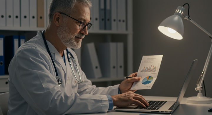 An older doctor with a beard and lab coat examines a document with charts while working on his laptop at a desk under a lamp.