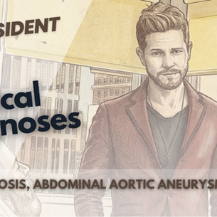 This thumbnail for "The Resident" features a sketch of a bearded man in a blazer. It includes the bold text "Medical Diagnoses," lists specific conditions, and identifies the series as season five, episode six.