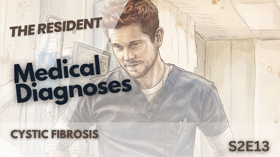This artistic thumbnail for The Resident features a detailed sketch of Conrad Hawkins looking down thoughtfully. The text below lists "Cystic Fibrosis" as the primary medical diagnosis for Season two, Episode thirteen.