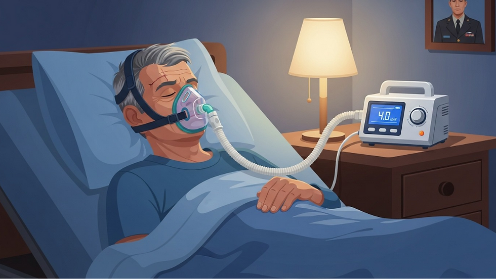 An illustration of an elderly man sleeping in bed using a CPAP machine connected to a mask. A digital display shows "4.0 cmH2O" on a bedside table.