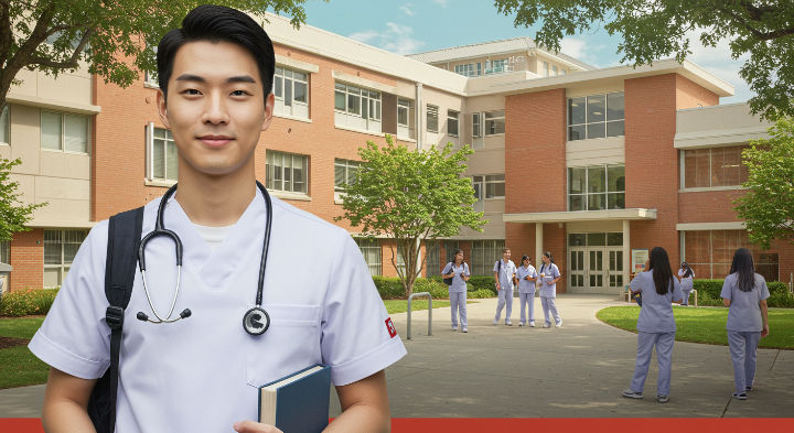 Un joven enfermero con uniforme médico, estetoscopio y libro frente a un edificio de ladrillo rojo. Un grupo de estudiantes con atuendos similares se reúne cerca.