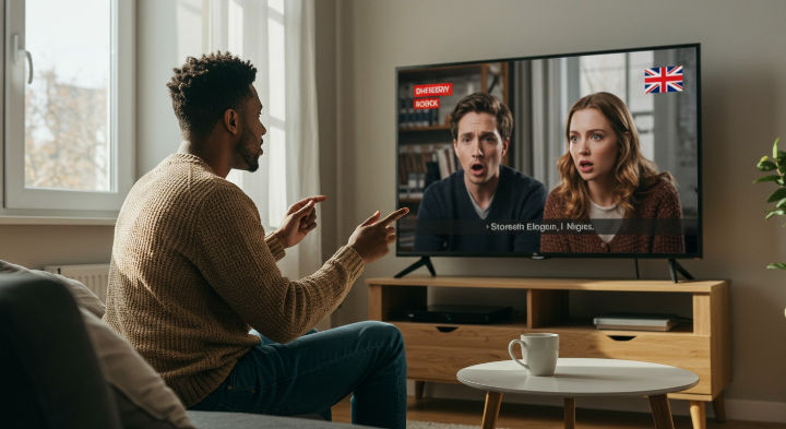 A Black man in profile, wearing a brown sweater, points at a television screen showing two scared people with English subtitles and a UK flag in the corner.