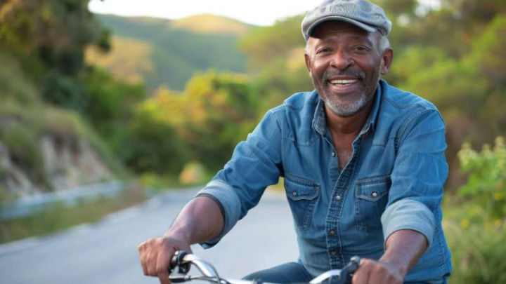This image shows an older man with a grey beard and flat cap smiling happily while riding a bicycle on a rural road surrounded by green hills under warm sunlight.