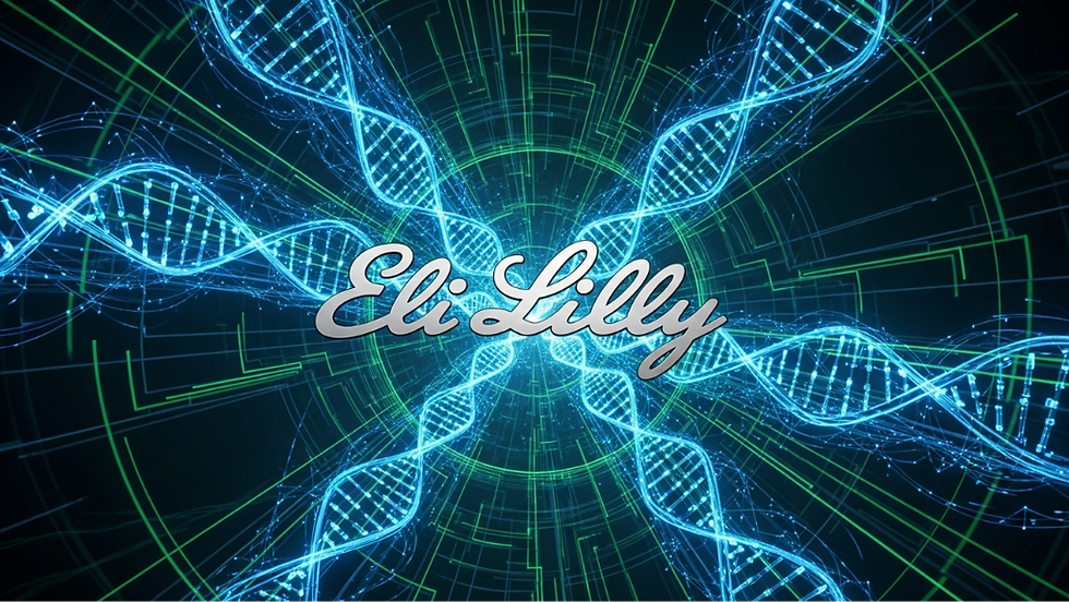 The image features the Eli Lilly logo at the center of a futuristic, digital tunnel composed of glowing green circuits and radiant blue DNA helices.