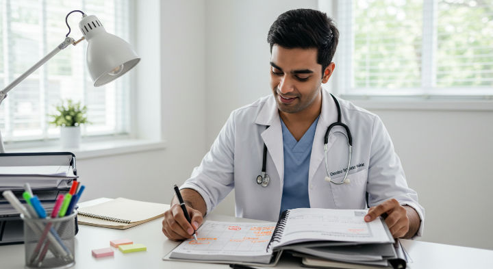 Nurse Practitioner in white coat writing in planner at desk, surrounded by colorful pens, notes, lamp, and files. Bright, tidy office. Relaxed mood.