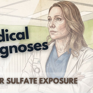 This medical thumbnail features a detailed sketch of a female doctor in a white coat and blue scrubs with her arms crossed, listing "Copper Sulfate Exposure" for the tenth episode of season two.