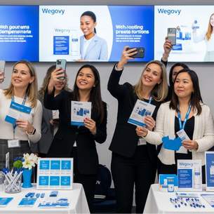 A group of professional women at a Wegovy promotional event take selfies and photos with their smartphones. Tables display medication brochures, blue pens, and branded water bottles under large digital advertisements.