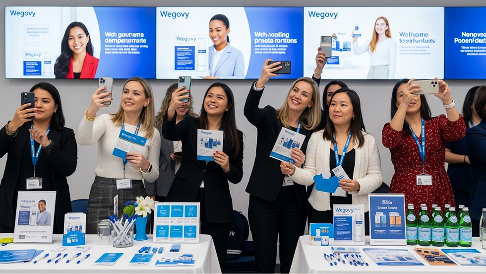 A group of professional women at a Wegovy promotional event take selfies and photos with their smartphones. Tables display medication brochures, blue pens, and branded water bottles under large digital advertisements.