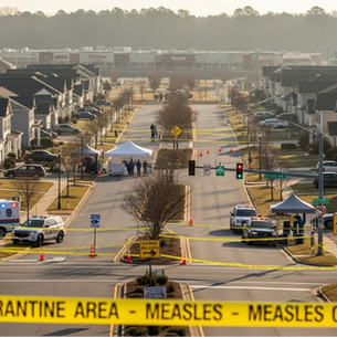 Una vista aérea muestra una intersección de un vecindario suburbano bloqueada por cinta amarilla que dice "QUARANTINE AREA - MEASLES OUTBREAK," con vehículos de emergencia y tiendas de campaña.